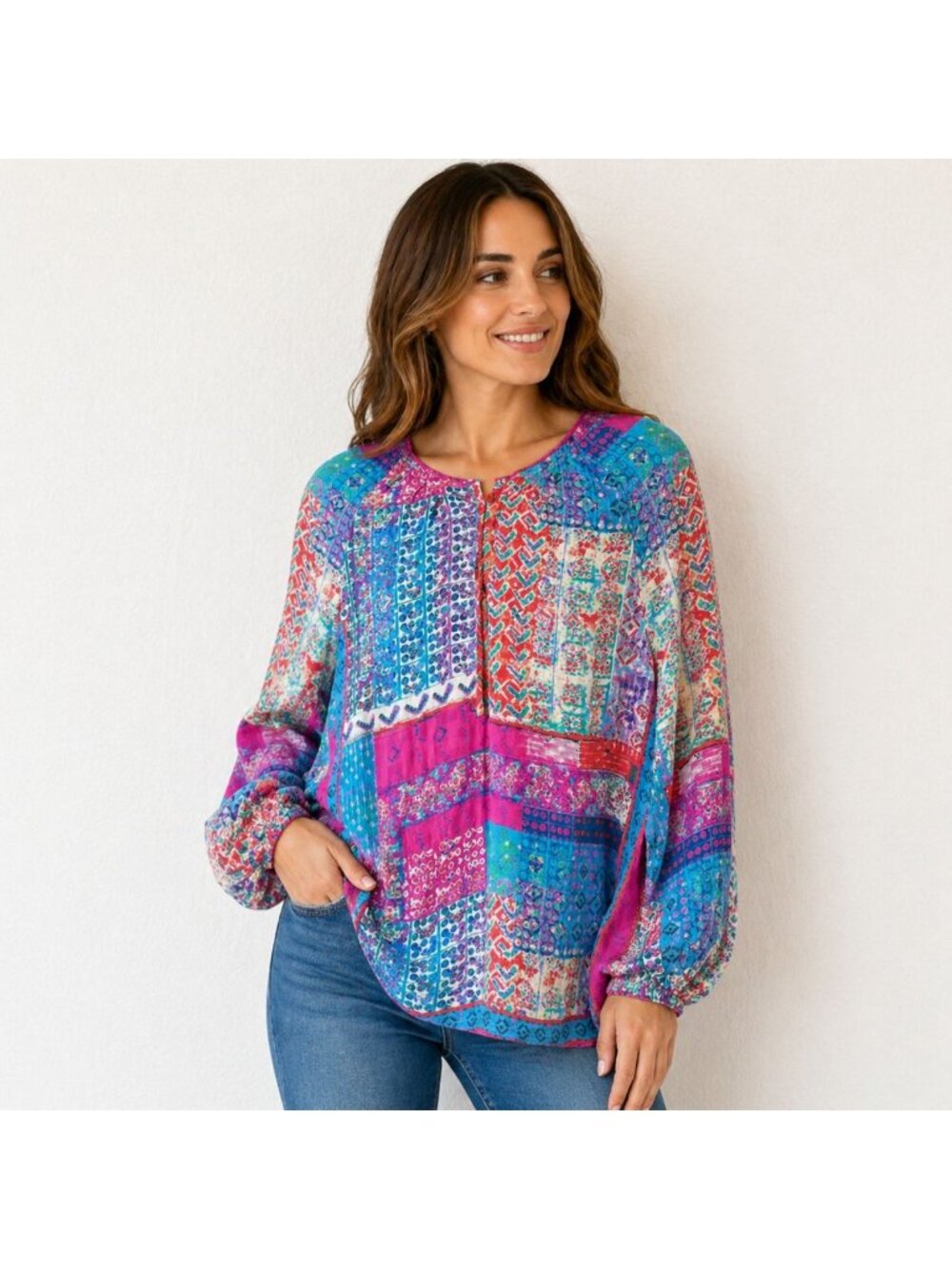 Tolani 100% Silk Boho Patchwork Blouse Top Size Large Multicolor Boho Coastal